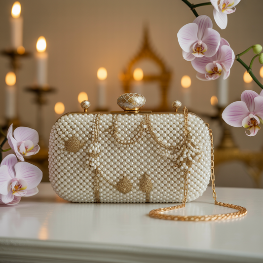 Pearl Beaded Bridal Clutch – Detachable Chain