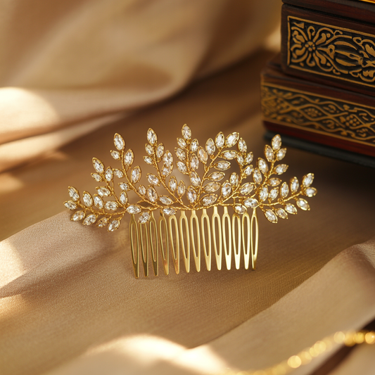 Gold Leaf Hair Comb – Crystal Accents