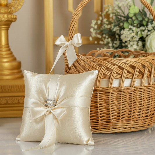 Ring Pillow & Flower Basket Set – Ivory Satin