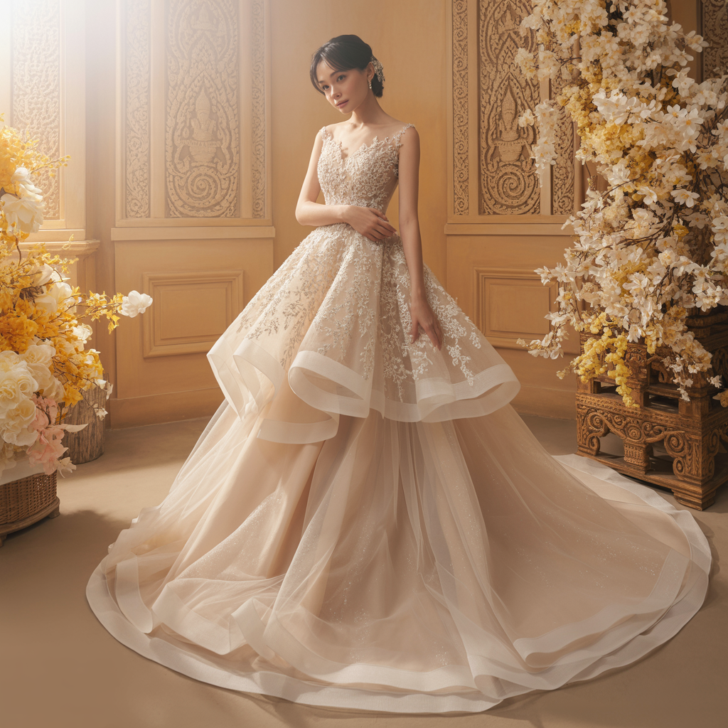 Classic Khmer Bridal Gown – Ivory Lace A-Line
