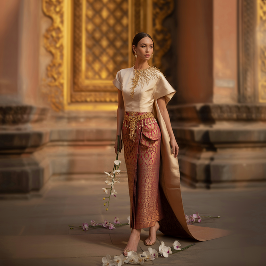Traditional Cambodian Silk Bridal Set – Sampot Hol + Blouse