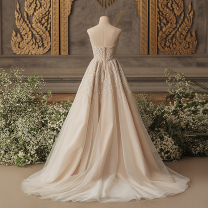 Classic Khmer Bridal Gown – Ivory Lace A-Line