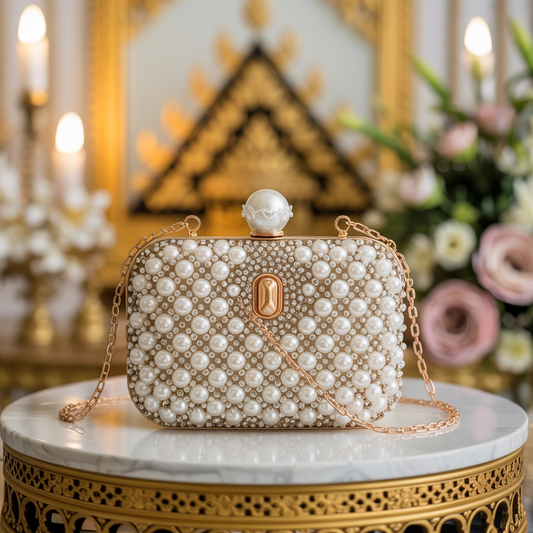 Pearl Beaded Bridal Clutch – Detachable Chain