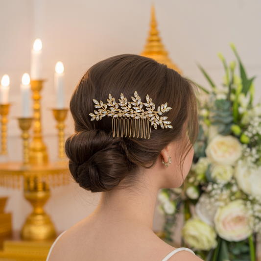 Gold Leaf Hair Comb – Crystal Accents