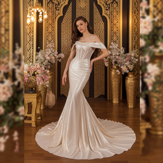 Mermaid Sequin Wedding Dress – Off-Shoulder