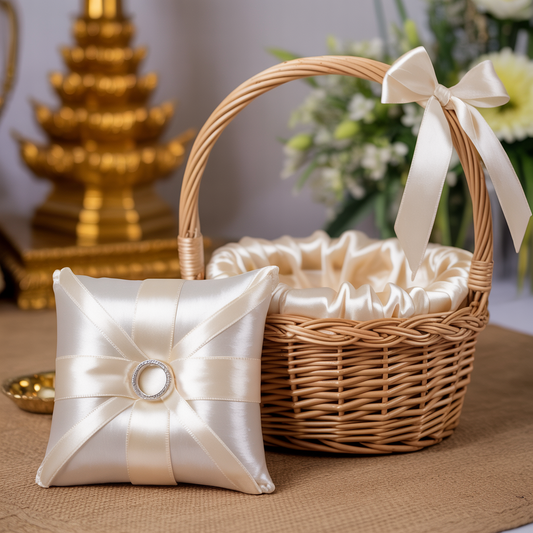 Ring Pillow & Flower Basket Set – Ivory Satin