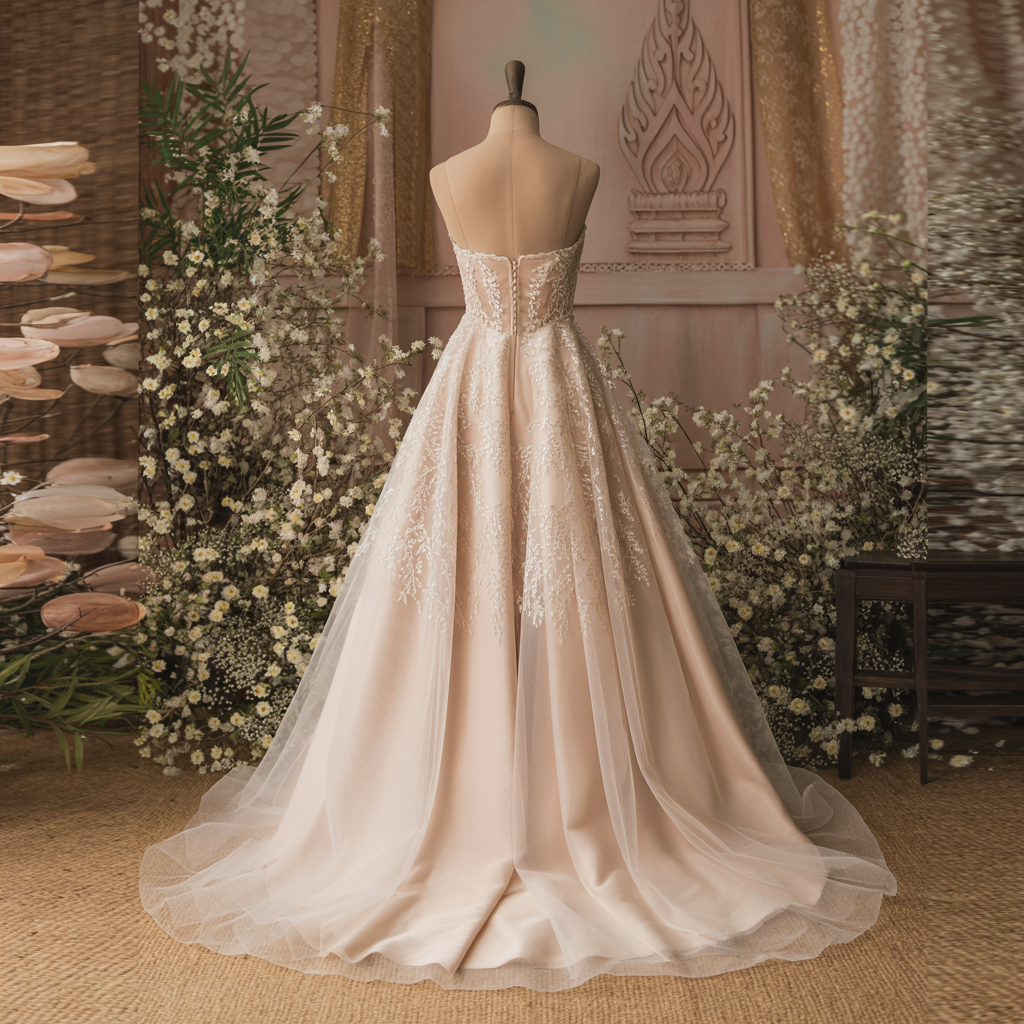 Classic Khmer Bridal Gown – Ivory Lace A-Line
