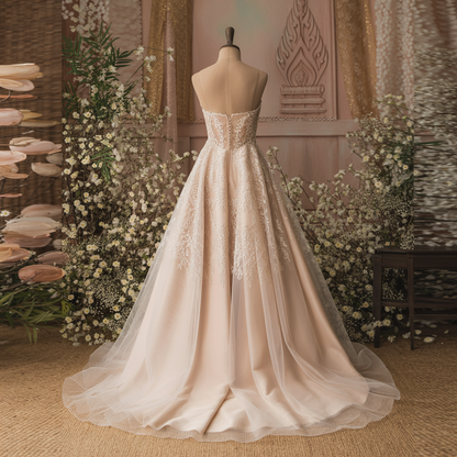 Classic Khmer Bridal Gown – Ivory Lace A-Line