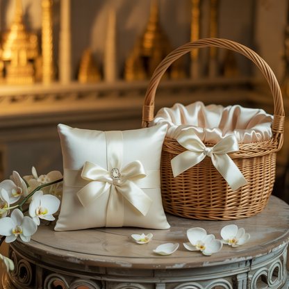 Ring Pillow & Flower Basket Set – Ivory Satin
