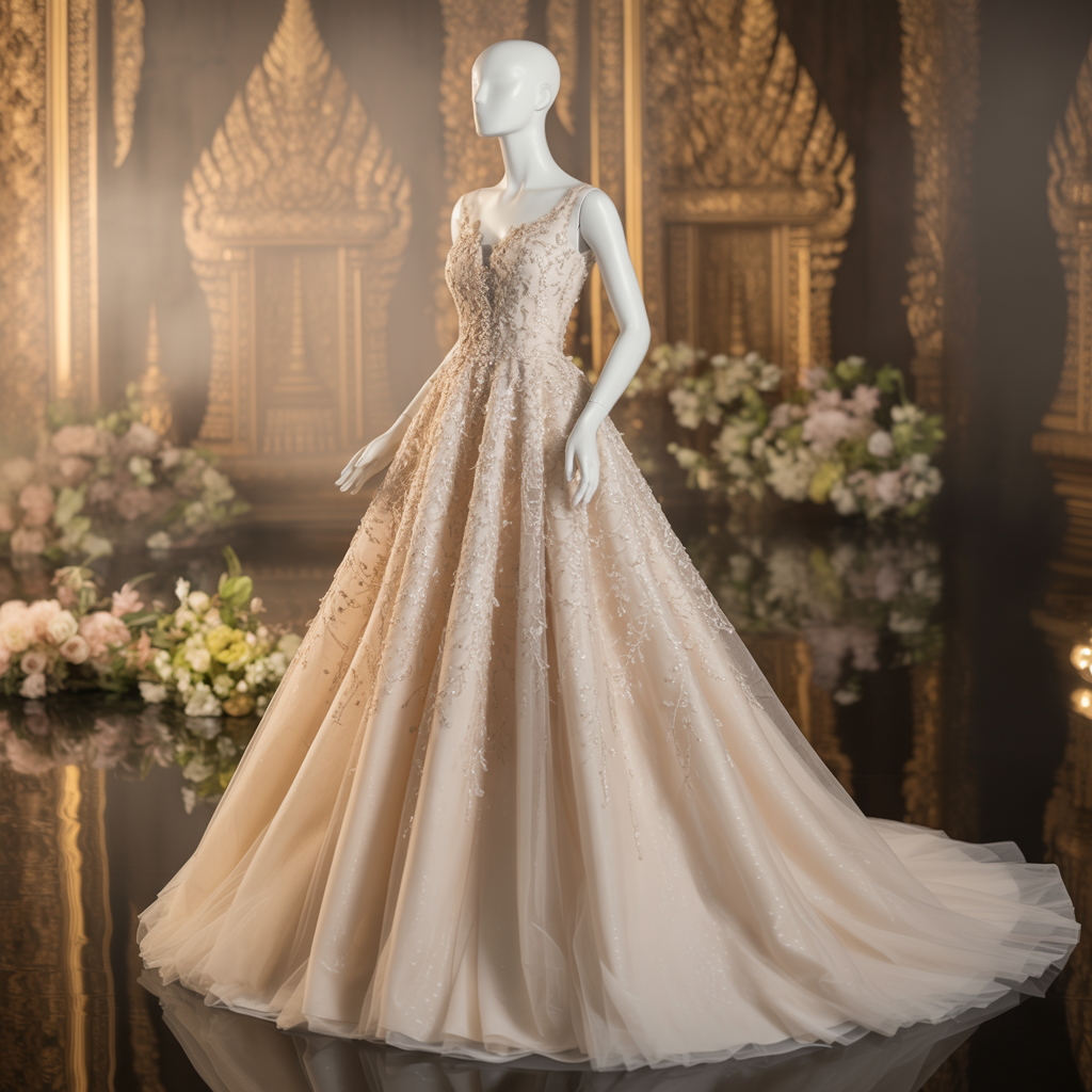 Classic Khmer Bridal Gown – Ivory Lace A-Line