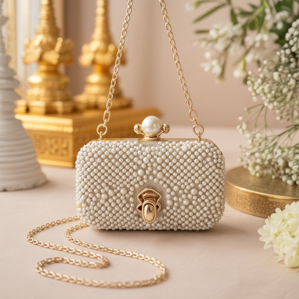 Pearl Beaded Bridal Clutch – Detachable Chain