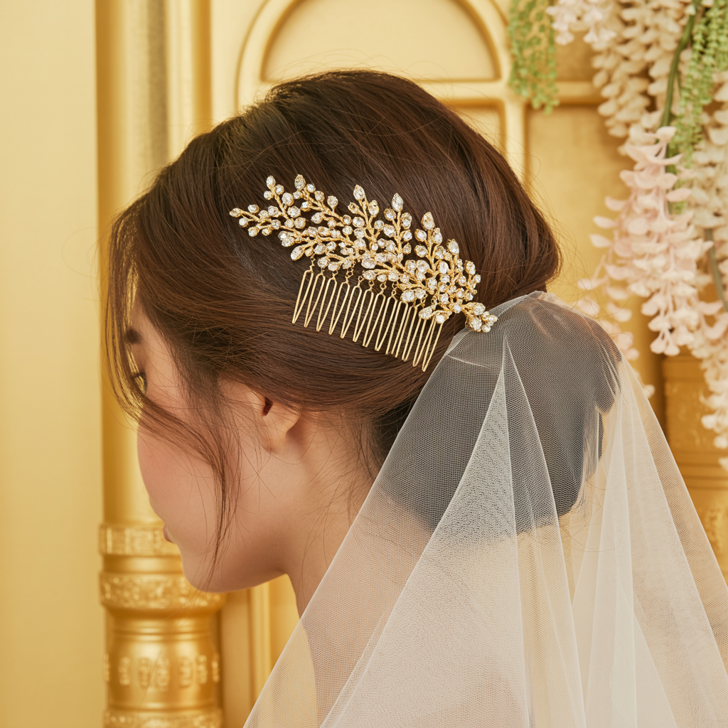 Gold Leaf Hair Comb – Crystal Accents