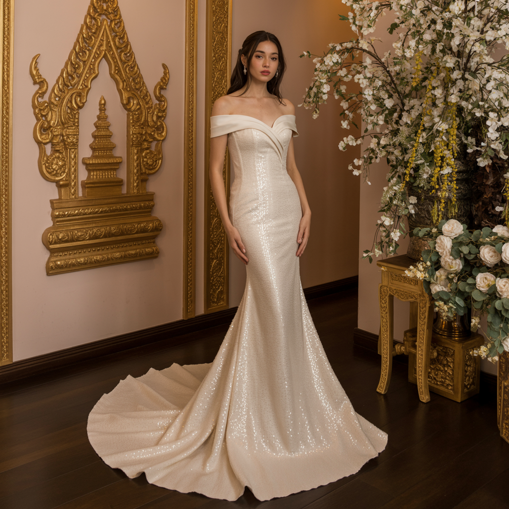 Mermaid Sequin Wedding Dress – Off-Shoulder