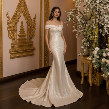 Mermaid Sequin Wedding Dress – Off-Shoulder