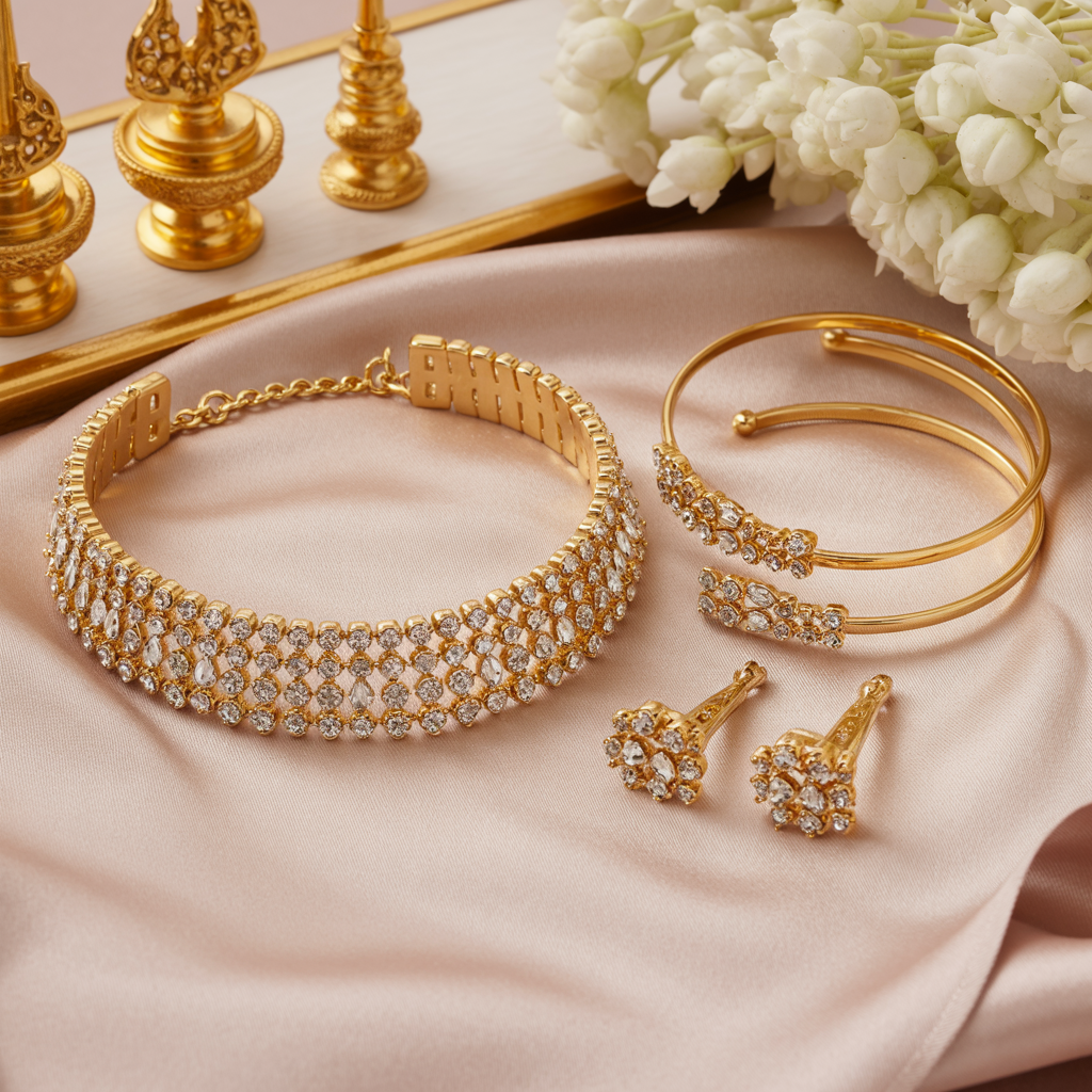Gold Bridal Jewelry Set – Choker, Earrings, Bangles