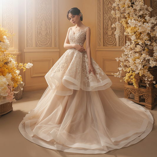 Classic Khmer Bridal Gown – Ivory Lace A-Line