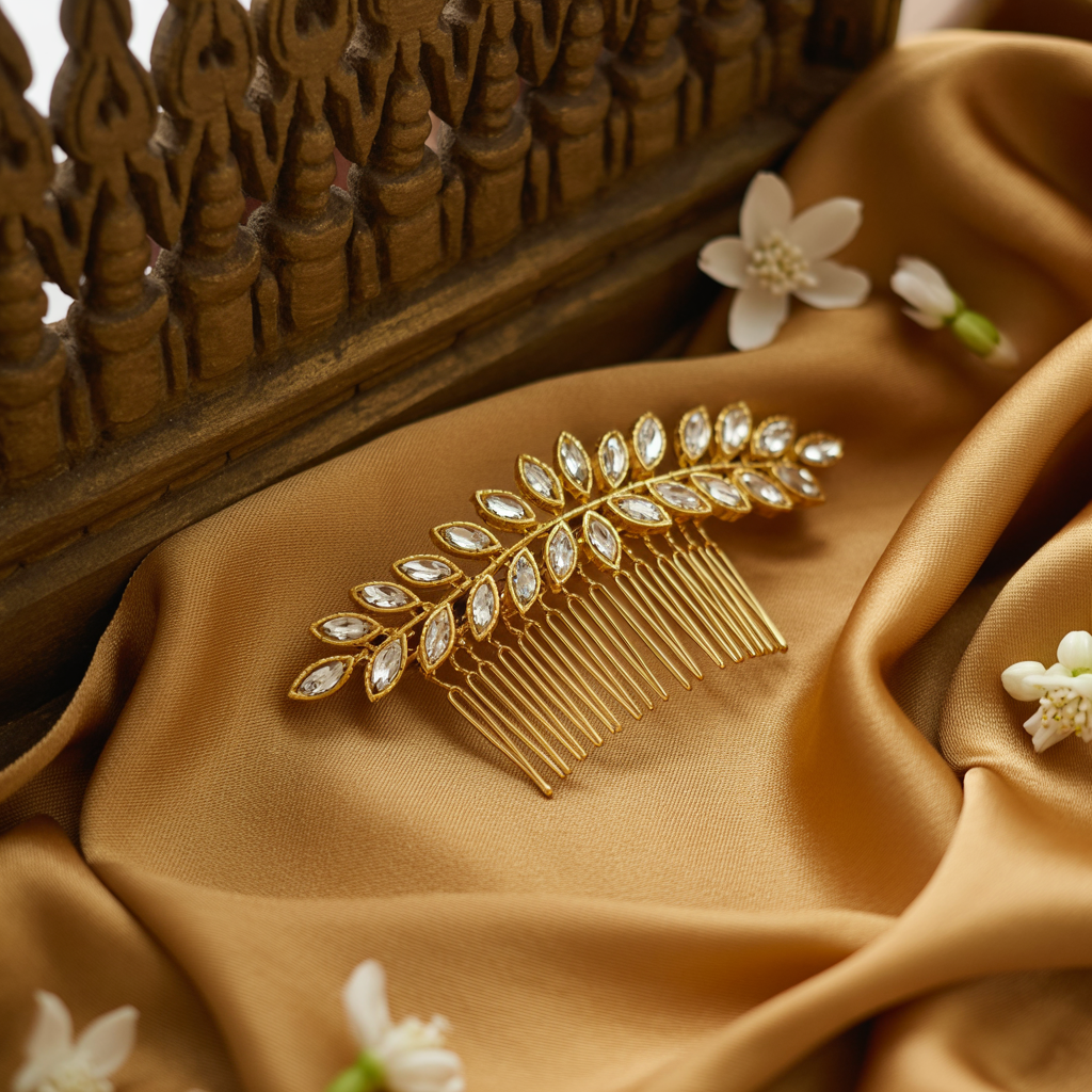Gold Leaf Hair Comb – Crystal Accents