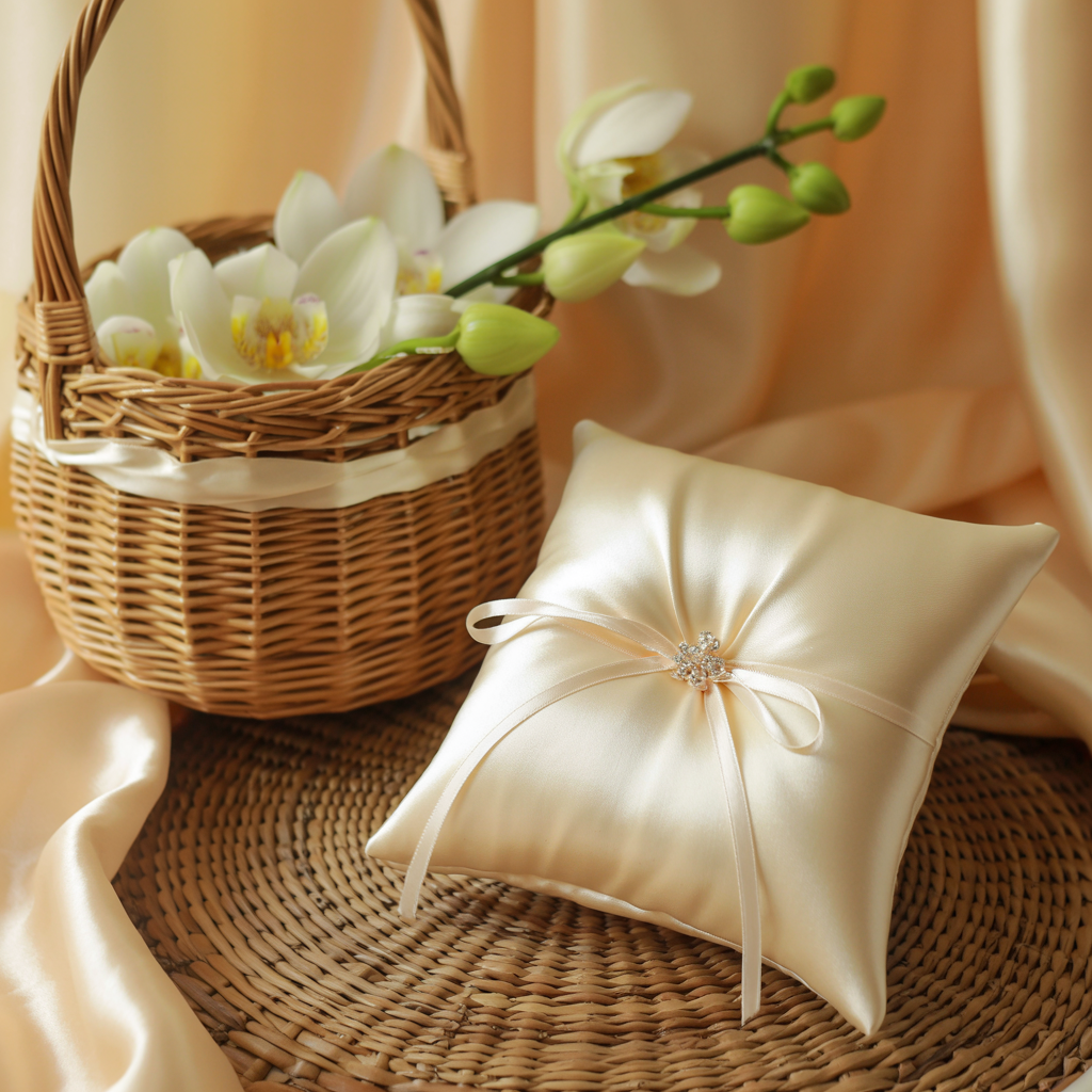 Ring Pillow & Flower Basket Set – Ivory Satin